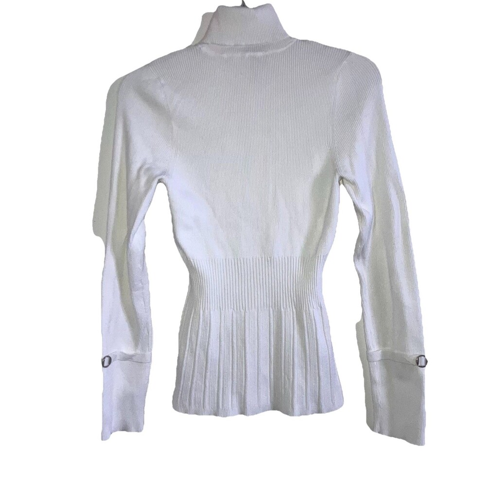 WHITE HOUSE BLACK MARKET sz L Solid White Long Sleeve Ribbed Stretchy Knit Top